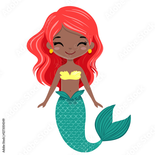Cute dark skinned mermaid vector illustration in cartoon style. Childish image of girl character living in the sea. Adorable print for clothes and design