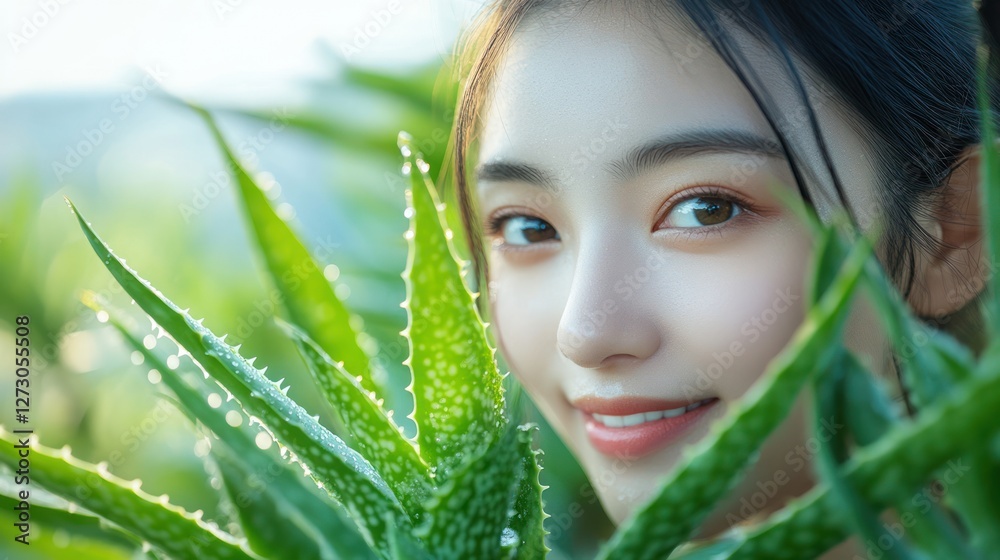 Naklejka premium Woman smiling, aloe vera field, sunrise, skincare