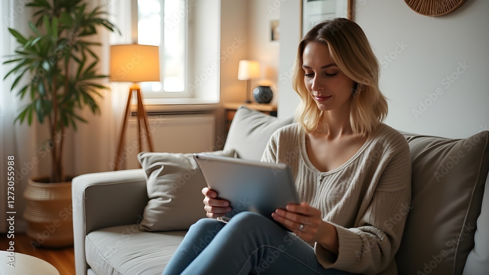 Fototapeta premium Warm-Toned Living Room Scene with Woman Using a Digital Device