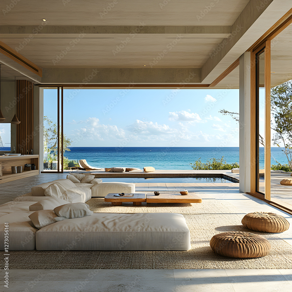 Fototapeta premium Luxury Beach House Interior Design Ocean View Living Room