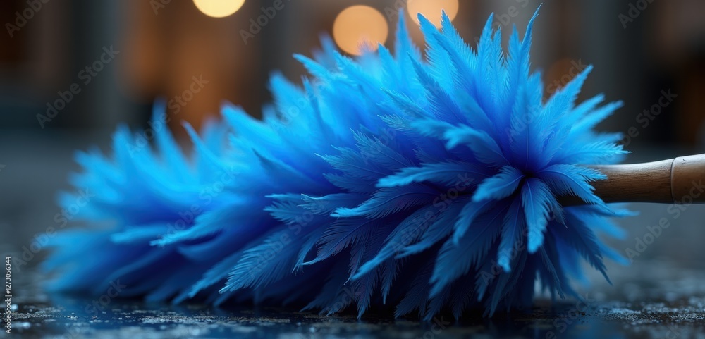 Obraz premium A vibrant blue duster resting on a surface, exuding a playful yet practical essence, perfect for cleaning or household imagery in marketing.