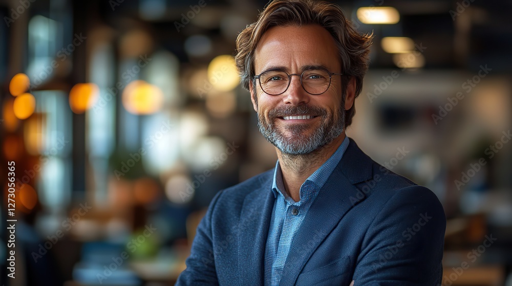 smiling professional man confidently standing in a modern business center office with collaborative workspace and contemporary design smiling professional man confidently standing in a modern business center office with collaborative workspace and contemporary design