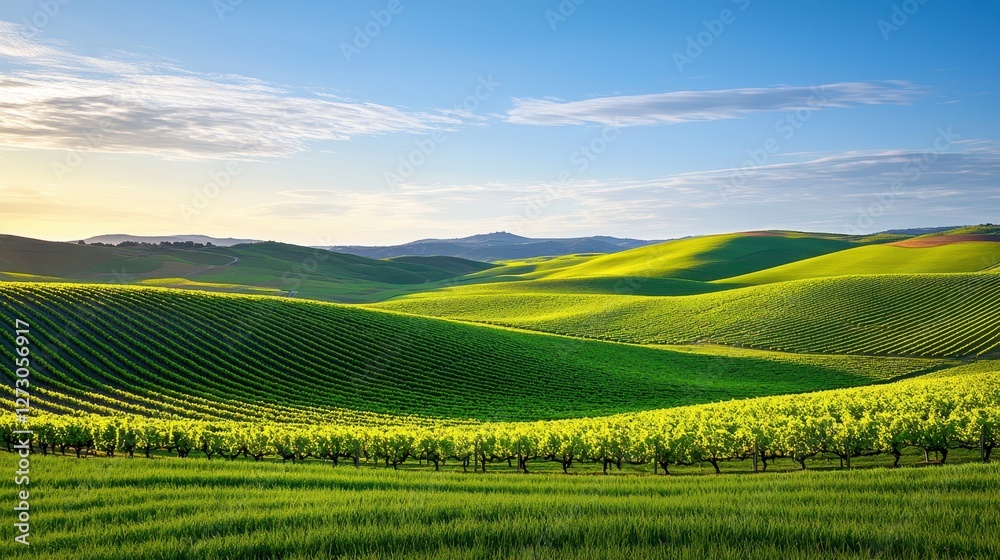 Obraz premium Rolling green hills form agricultural farmland under a clear sky
