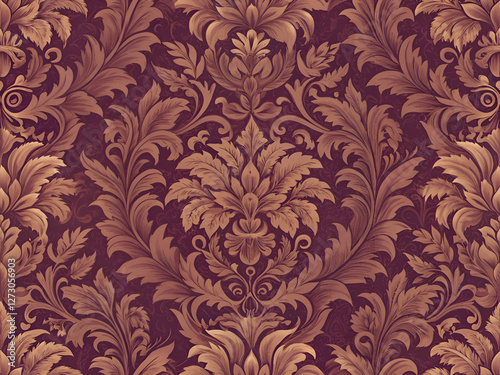 Elegant burgundy and gold floral damask pattern.