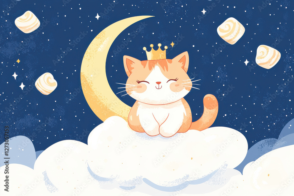 Fototapeta premium Adorable kitten wearing tiny crown sitting on cloud with stars, watercolor illustration Style.