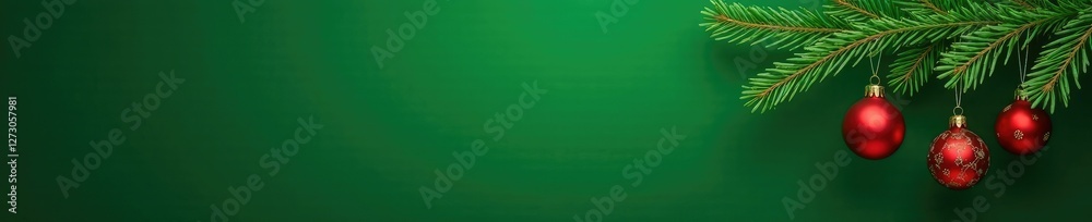 Hanging ornaments on a spruce branch against a green background, ornaments, branch Hanging ornaments on a spruce branch against a green background, ornaments, branch