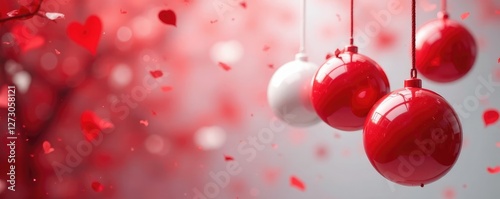 Hanging red and white spheres with a soft focus effect, white, spheres