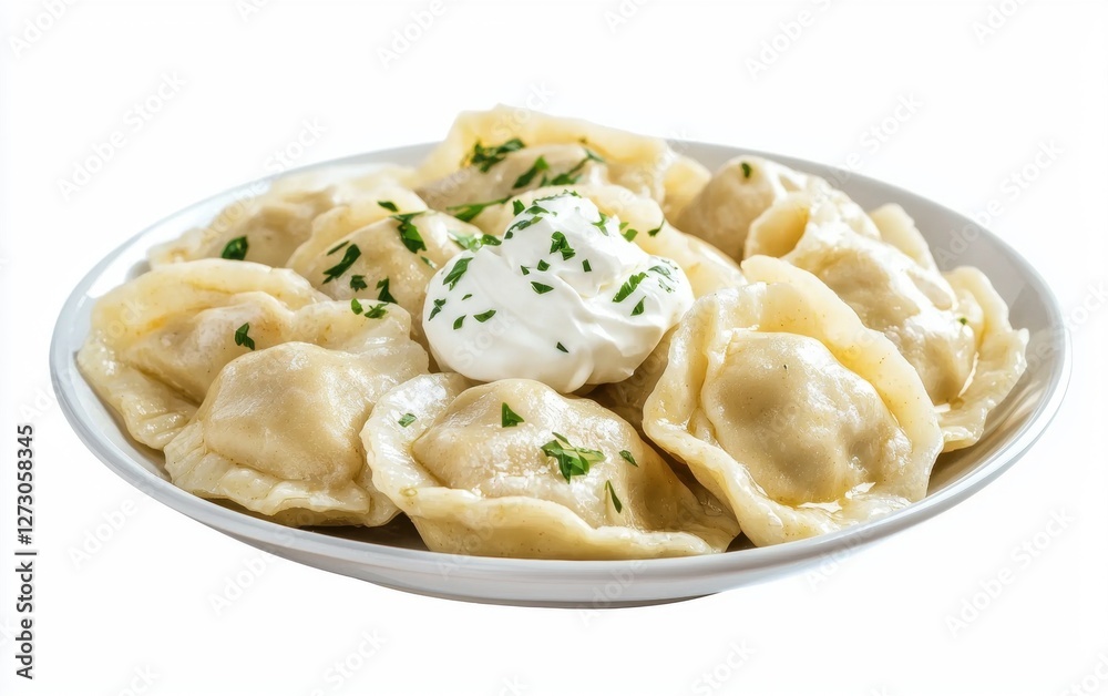 Levitating plate of Polish pierogi dumplings with sour cream, isolated on a white background Levitating plate of Polish pierogi dumplings with sour cream, isolated on a white background