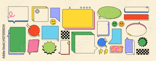 Retro speech bubbles set. Colourful talk clouds, chat boxes, messages, dialog balloons with different geometric shapes. Conversation comic stickers in groovy style. Flat isolated vector illustrations