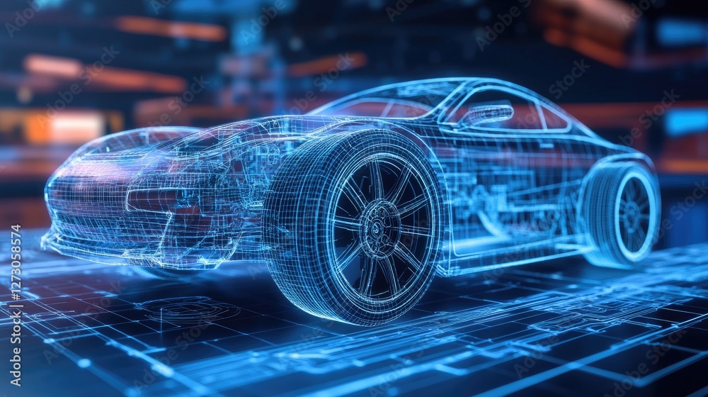 Naklejka premium Holographic car parts, including a wireframe tire, floating above a blueprint, emphasizing the integration of innovation and technology in automotive design.