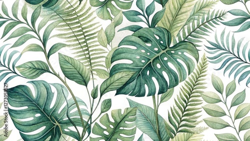 Lush Green Watercolor Plant Pattern, Botanical Illustration, Floral Design, Nature Wallpaper, Green Leaves Background