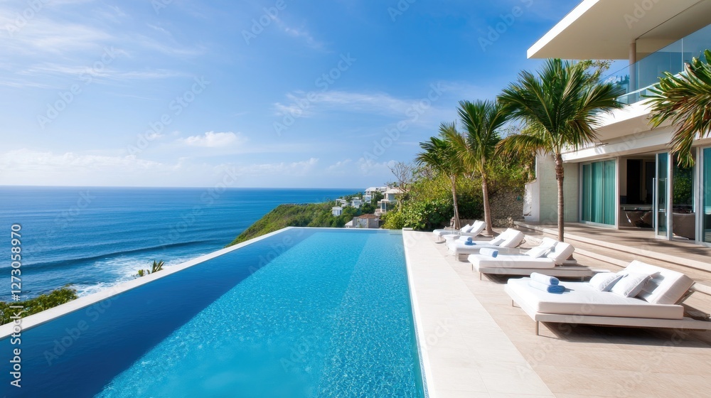 Fototapeta premium Infinity pool at a luxury oceanfront home, offering sweeping views of the surf and the ocean, creating a serene and elegant setting.