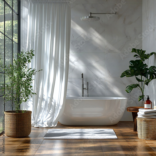 A shower curtain mockup in a contemporary bathroom, with clean tiles and fixtures