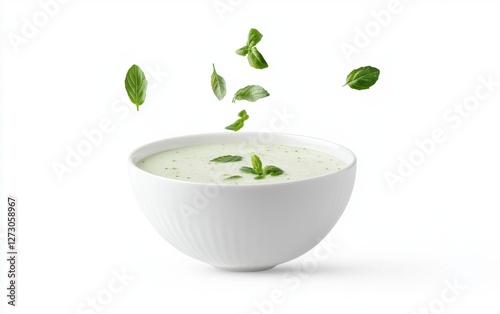 Midair bowl of Thai green curry with coconut milk, isolated on a white background