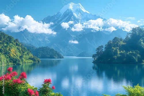 Tranquil Lake and Snow-Capped Mountain with Vibrant Flowers and Lush Forest