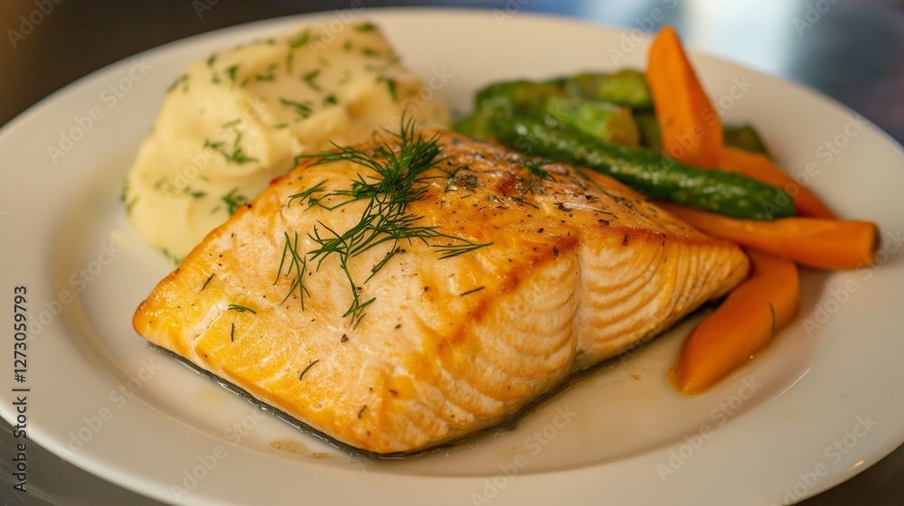 Delicious salmon fillet served with mashed potatoes and fresh vegetables at a cozy restaurant Delicious salmon fillet served with mashed potatoes and fresh vegetables at a cozy restaurant