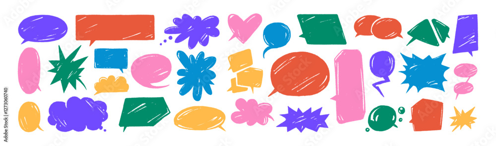 Set of colourful speech bubble in doodle style. Drawing talk clouds, text box with different shapes. Messages, thoughts. Communication, conversation, chat. Flat isolated vector illustrations on white