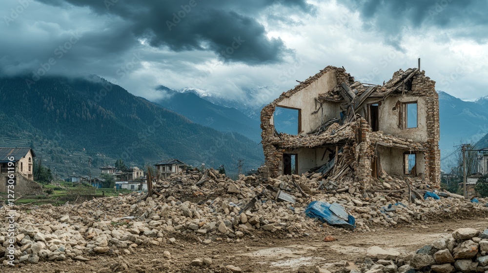 Obraz premium Ruins of a destroyed house in a mountain village after an earthquake, with shattered walls and scattered debris under a cloudy sky.