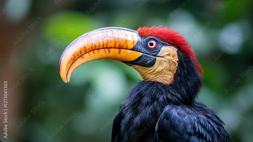 Exotic Hornbill: A vibrant and detailed shot of an exquisite hornbill, with its prominent, colorful beak and striking plumage, poised against a backdrop of lush greenery. Exotic Hornbill: A vibrant and detailed shot of an exquisite hornbill, with its prominent, colorful beak and striking plumage, poised against a backdrop of lush greenery.