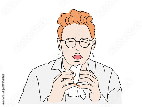 A woman sneezing due to hay fever or allergies