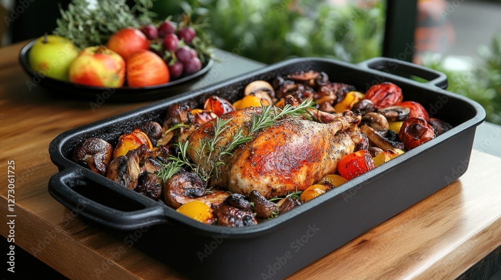 Roasted Chicken with Vegetables in Cast Iron Dish Roasted Chicken with Vegetables in Cast Iron Dish