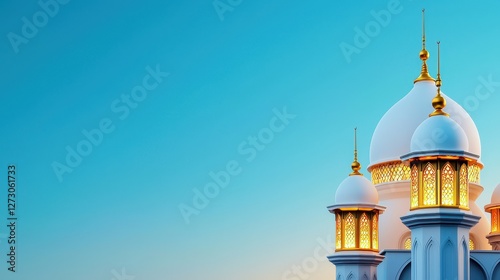 Domes and towers of a mosque shine against the sky
