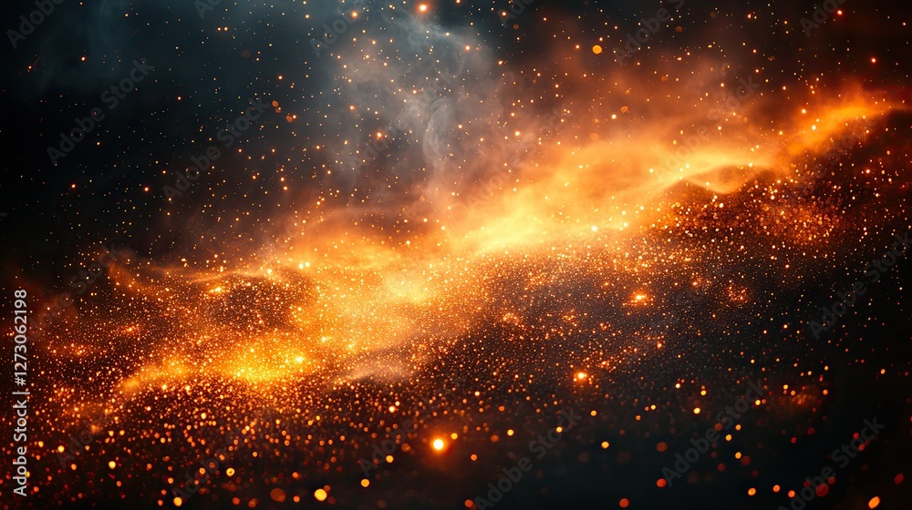 sparks and embers flying up in the dark sky creating a dazzling light effect on a black background
