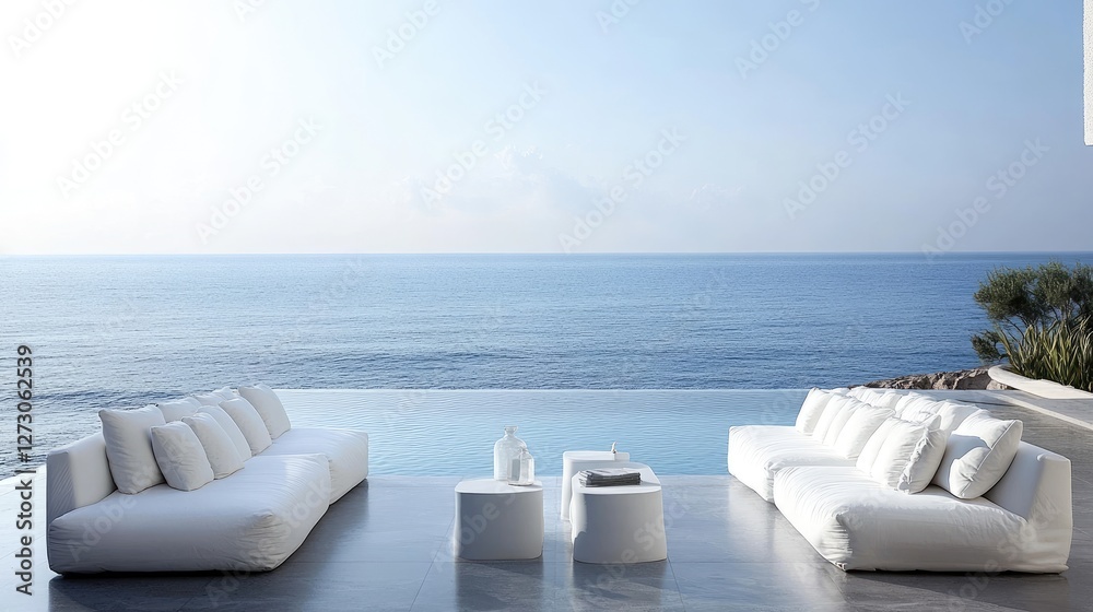 Fototapeta premium Stylish white outdoor furniture positioned by the ocean, with calm waters in the background, embodying the luxury and serenity of a resort getaway.