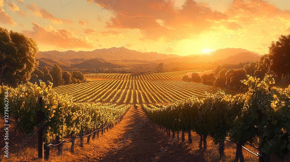 Fototapeta premium A scenic vineyard at sunset with rows of grapevines stretching into the horizon, warm tones