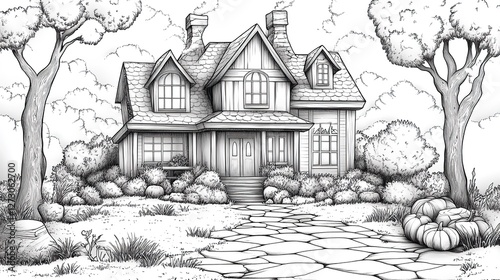 spooky haunted mansion and mystic fairytale house halloween themed vector coloring page for children fantasy black and white contour illustration photo