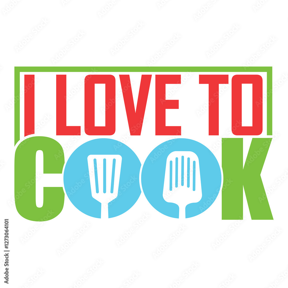Fototapeta premium Colorful and fun cooking quote design 'I Love to Cook' with spatula icons.