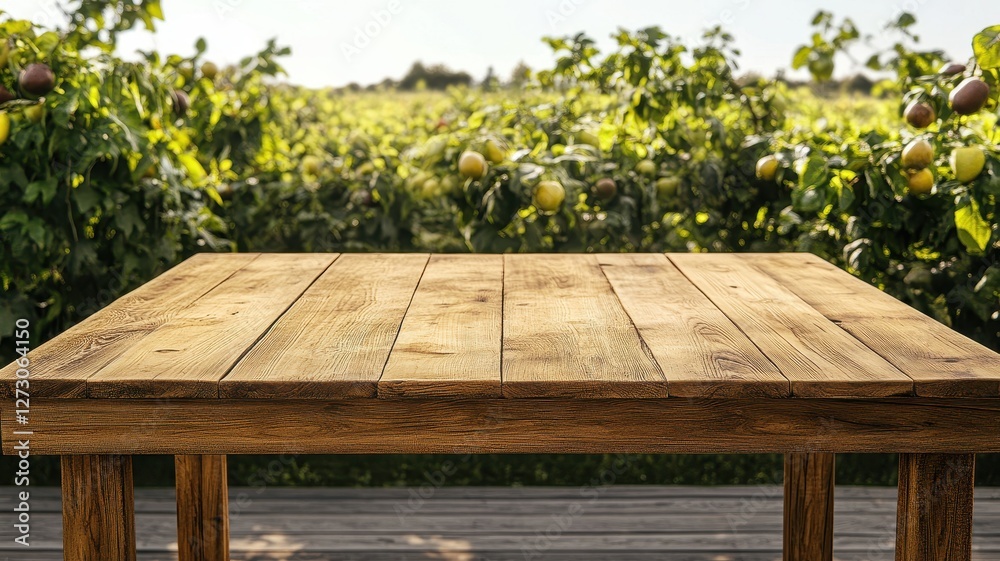 Fototapeta premium Empty wooden table ready for showcasing bright fruits and fresh produce in a vibrant setting.