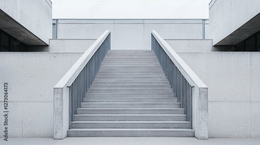 Fototapeta premium A minimalist concrete staircase leads upwards, surrounded by a modern architectural design, conveying a sense of ascent and simplicity.
