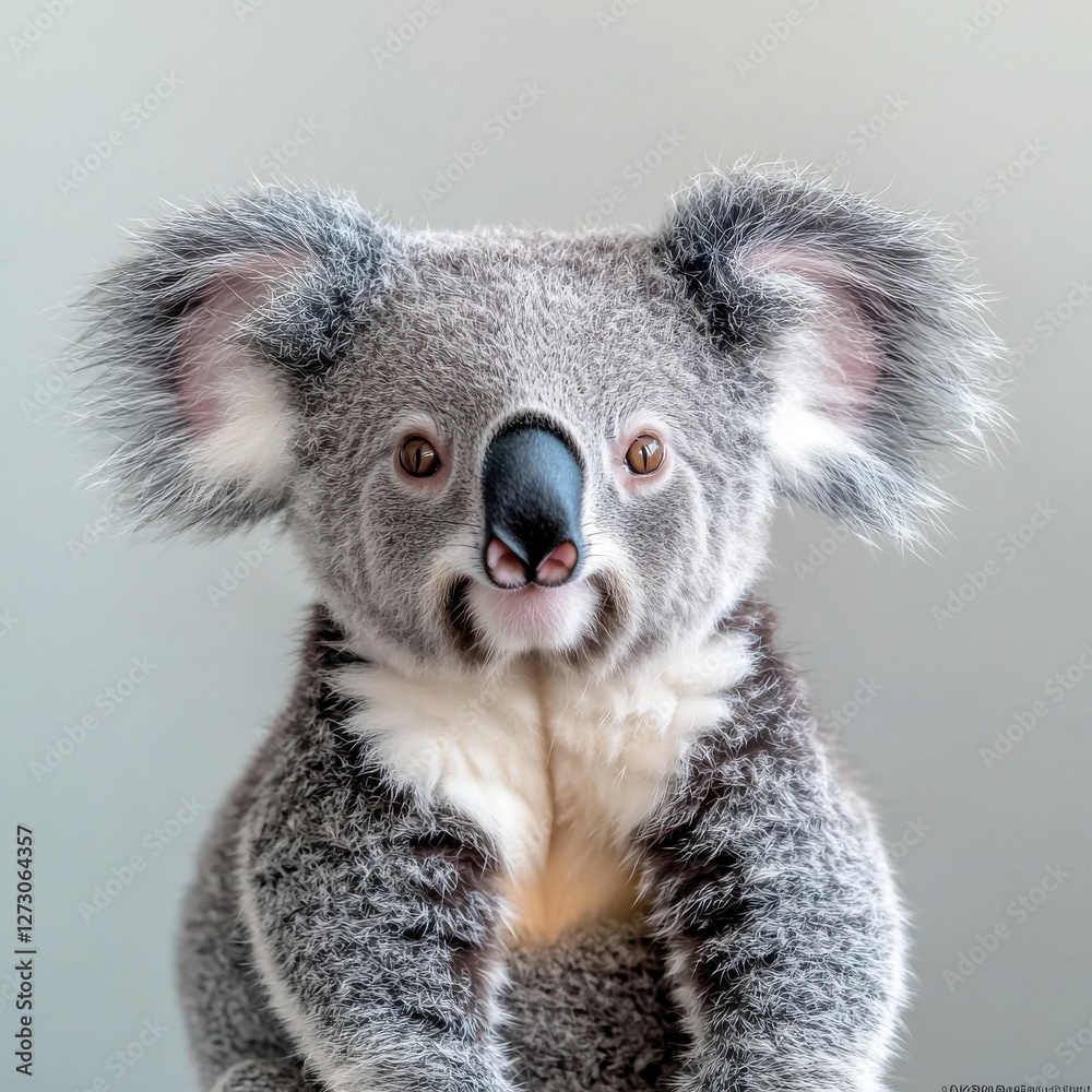 Fototapeta premium An endearing portrait of a Koala Bear, showcasing its distinctive fluffy ears and gentle expression, set against a simple, clean background for emphasis.