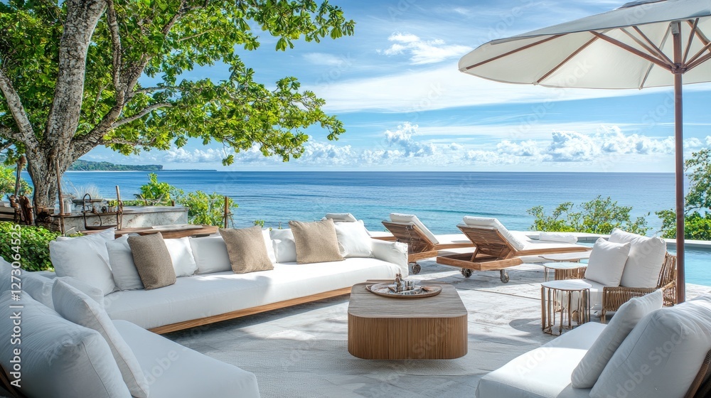 Fototapeta premium White outdoor lounge furniture on a luxury resort patio, with breathtaking views of a peaceful ocean, creating a serene and elegant outdoor space.