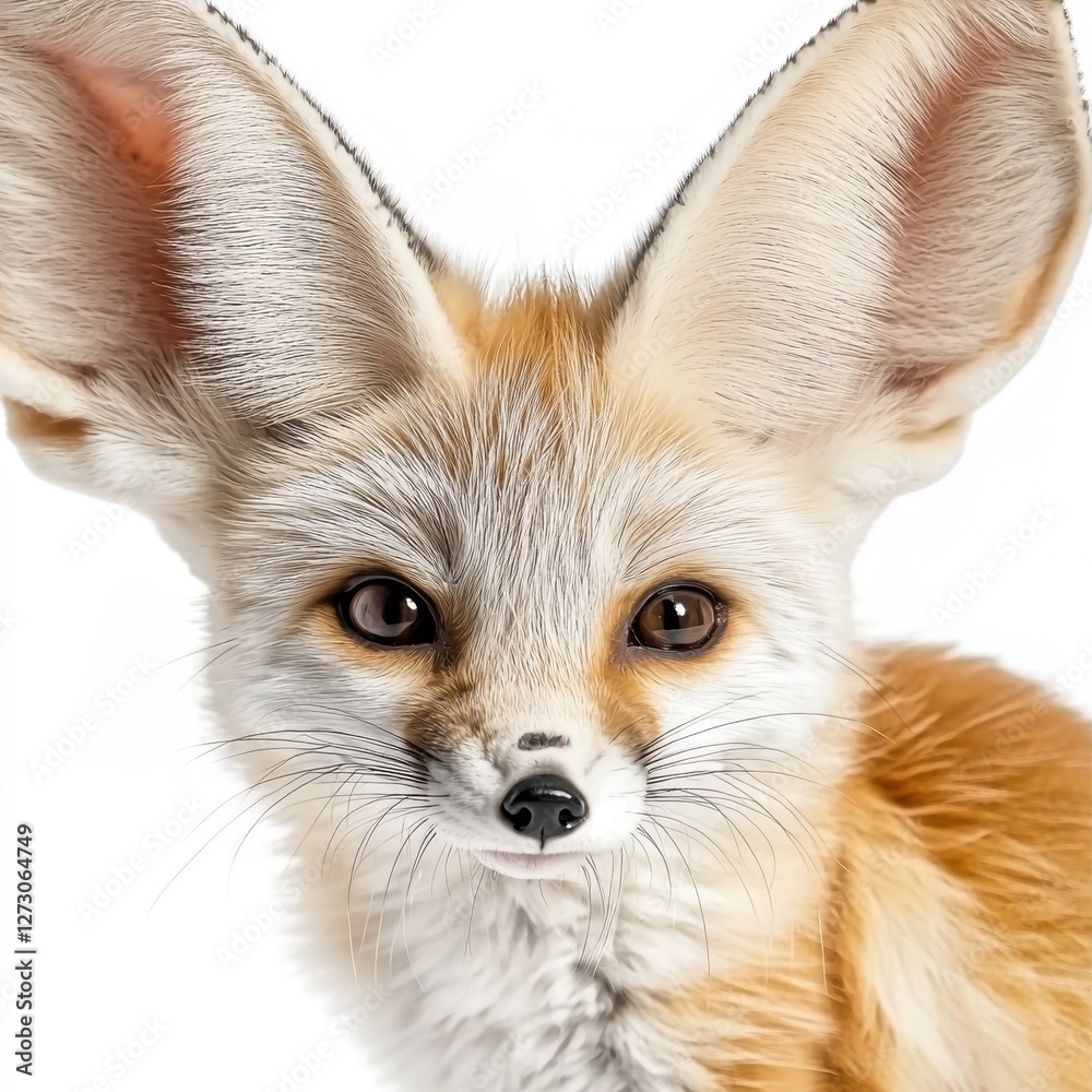 Fototapeta premium Close-up studio shot of a Fennec fox, showcasing its large ears and endearing brown eyes against a stark white background, revealing detail.