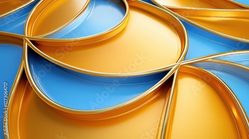 Golden rings interconnected over blue and yellow surfaces shine brightly