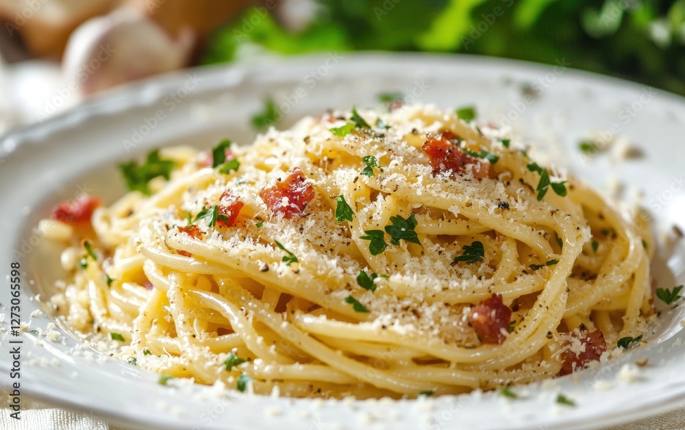 Spaghetti carbonara with parmesan cheese and pancetta on a white plate Spaghetti carbonara with parmesan cheese and pancetta on a white plate