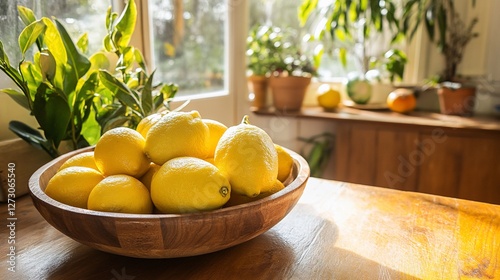 Wallpaper Mural Sunlit lemons in wooden bowl on kitchen counter. Torontodigital.ca