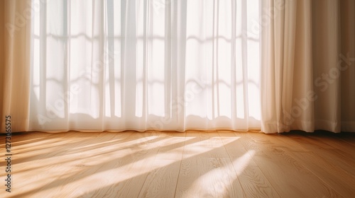 Wallpaper Mural Soft sunlight streams through sheer curtains onto a warm wooden floor, creating a peaceful and inviting atmosphere. Torontodigital.ca
