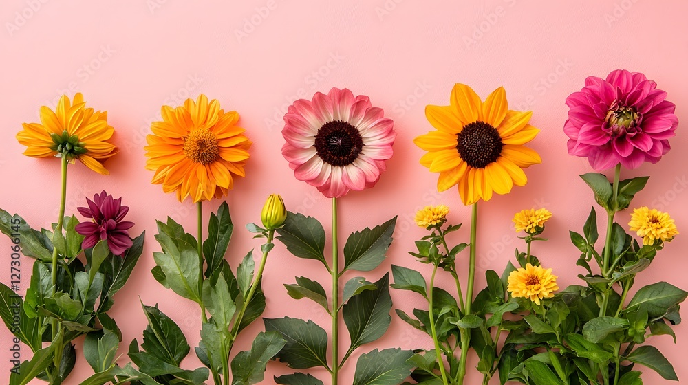 Obraz premium Vibrant Summer Flowers Arrangement Sunflowers Dahlias More on Pink Background