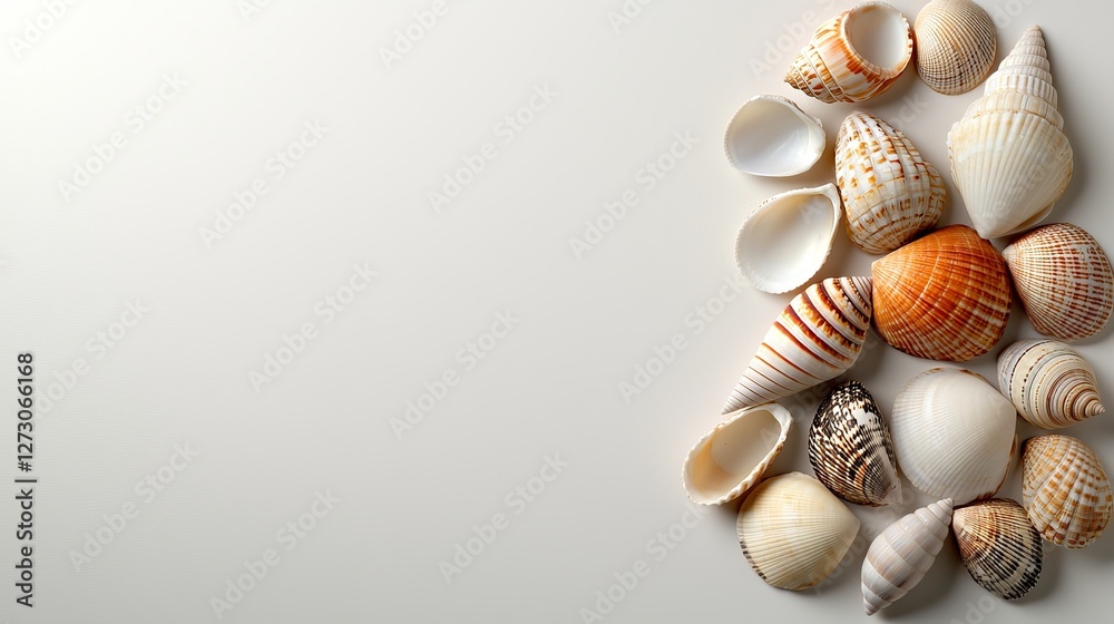 Obraz premium Summer beach travel creative seashell art calm shoreline serene sky artistic display