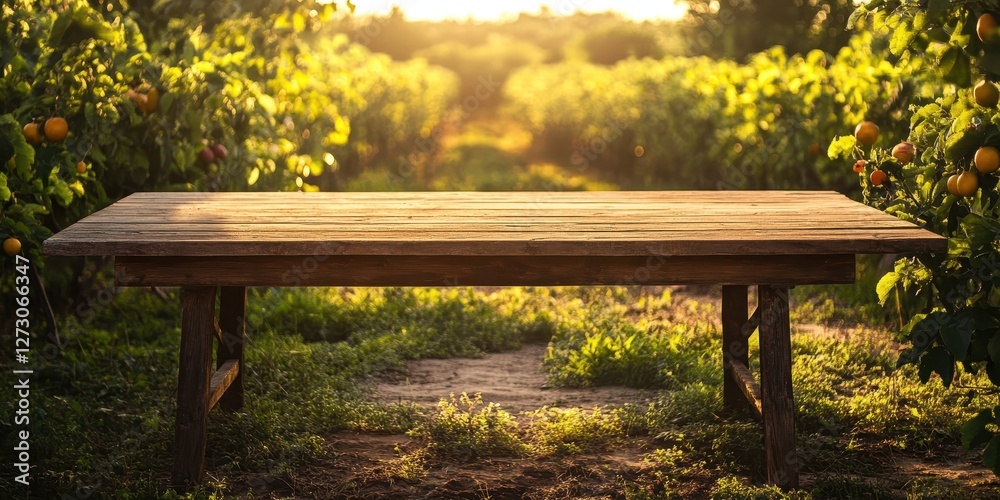 Fototapeta premium Spacious wooden table adorned with fresh fruits, set against a vibrant field backdrop.