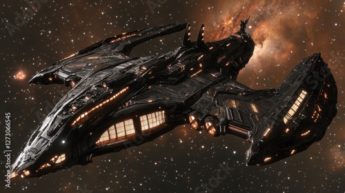 Foto Futuristic Dark Spaceship Traveling Through Space