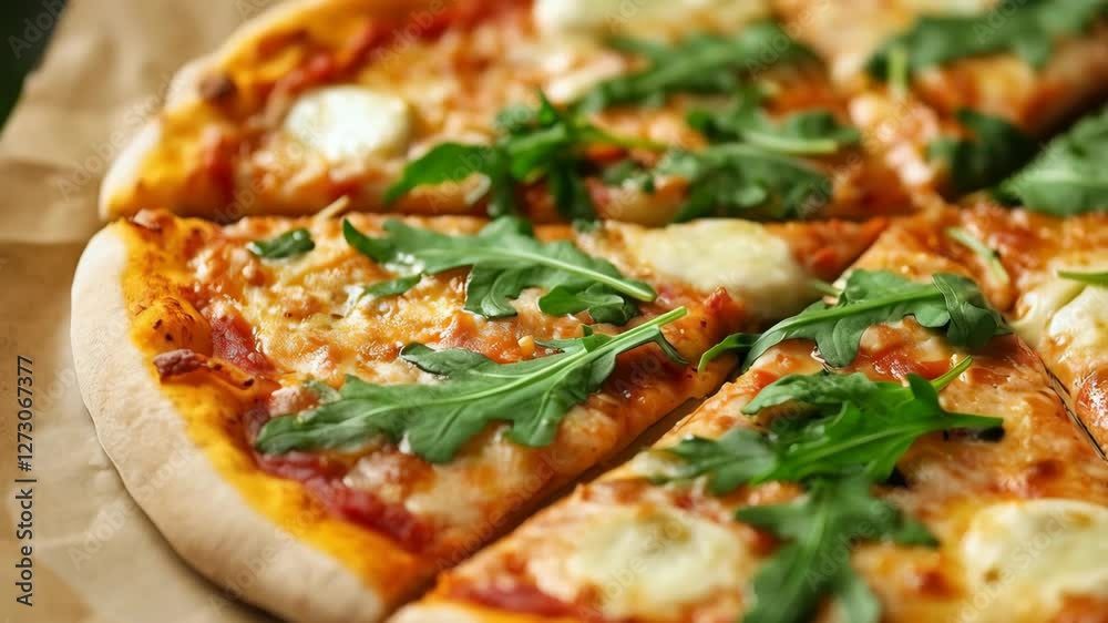 Edible arugula and mozzarella pizza with vibrant green pesto, on parchment paper
Edible arugula and mozzarella pizza with vibrant green pesto, on parchment paper