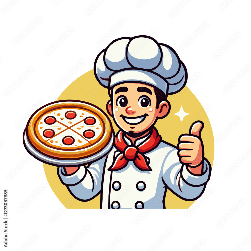 Smiling Cartoon Pizza Chef with Thumbs Up