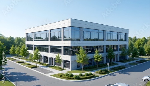 Modern office building complex, two stories, (architecture:1.3), (detailed glass windows:1.2), light gray and blue facade,  (smooth surface:1.1),  (geometric design:1.2),  park-like landscaping, 