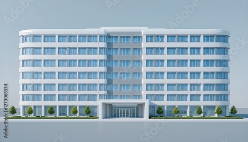 Modern, hospital architectural rendering; imposing multi-story building; clean, minimalist style; light gray and white facade; numerous large windows, predominantly light-azure blue;  photo