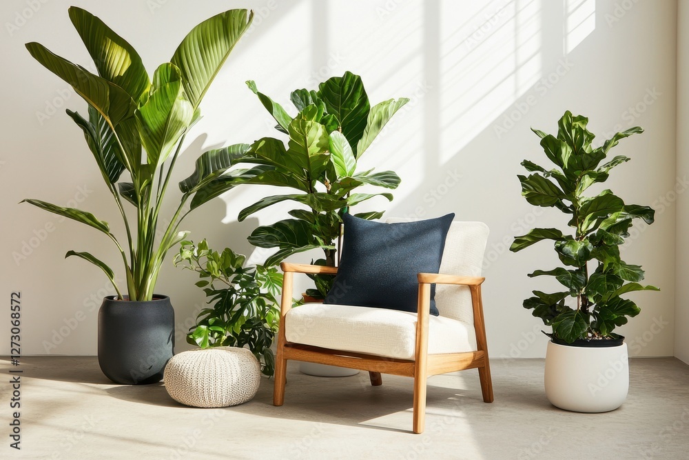 Serene indoor setting featuring a modern armchair with a cushion surrounded by lush green plants creating a peaceful home ambiance and natural light Serene indoor setting featuring a modern armchair with a cushion surrounded by lush green plants creating a peaceful home ambiance and natural light