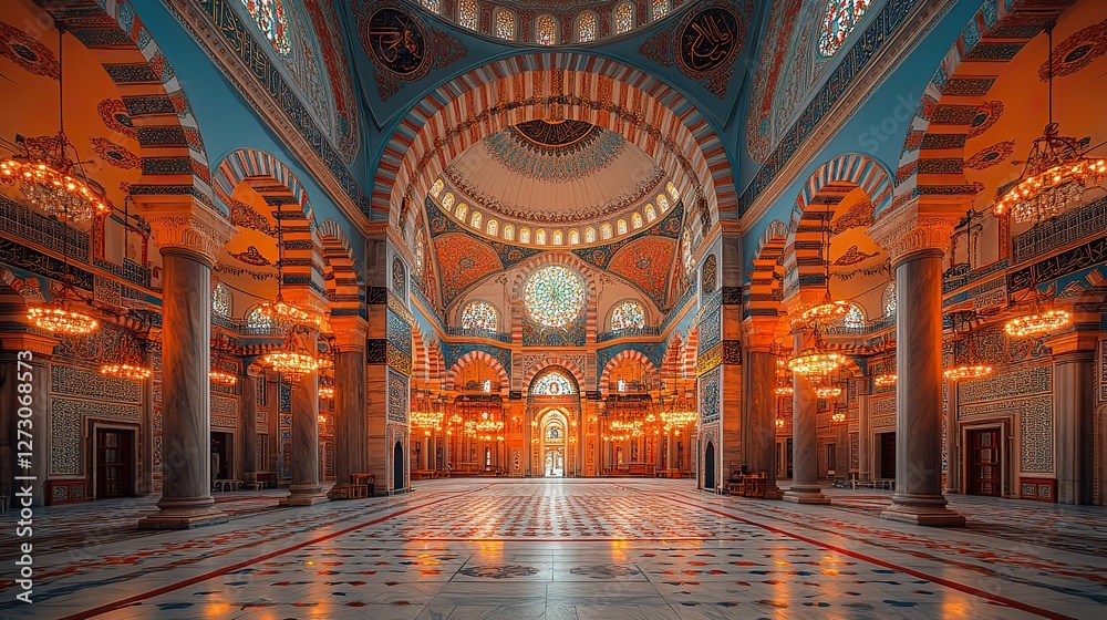 Obraz premium suleymaniye mosque interior with ornate dome and chandeliers istanbul turkey